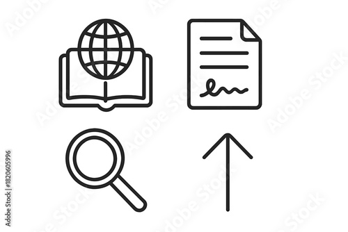 Essential business and education symbols including search, document, and global knowledge concepts