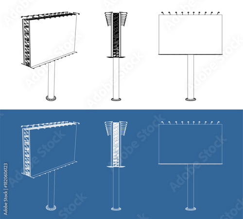 Isometric technical blueprint illustration of a large outdoor billboard structure, showing multiple angles including front, side, and perspective views
