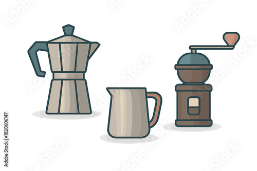 Classic coffee preparation set with Moka pot, manual bean grinder, and creamer pitcher