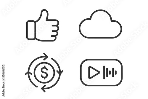 Thumbs up, cloud storage, money transaction, and audio player outline icons set