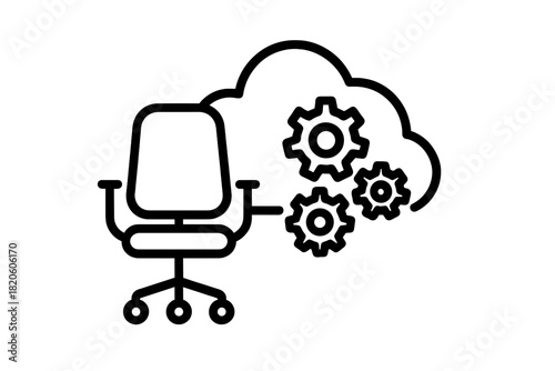 Chair next to a cloud containing mechanical gears symbolizing remote work setup