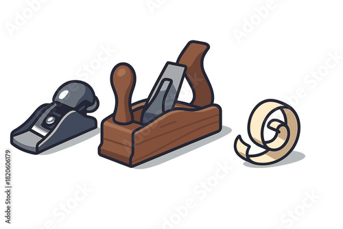 Traditional and modern woodworking hand planes with a curled wood shaving on a white background