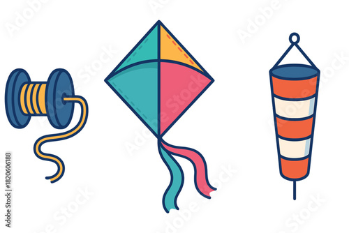 Colorful kite, string spool, and windsock objects related to wind activity