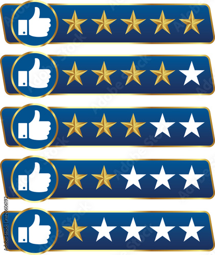 Five blue rating bars with thumbs-up icons and varying numbers of gold stars, illustrating a customer feedback or review system from five stars down to one star.