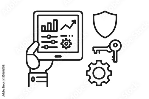 Mobile data analysis and security management symbols featuring tablet, shield, key, and gear
