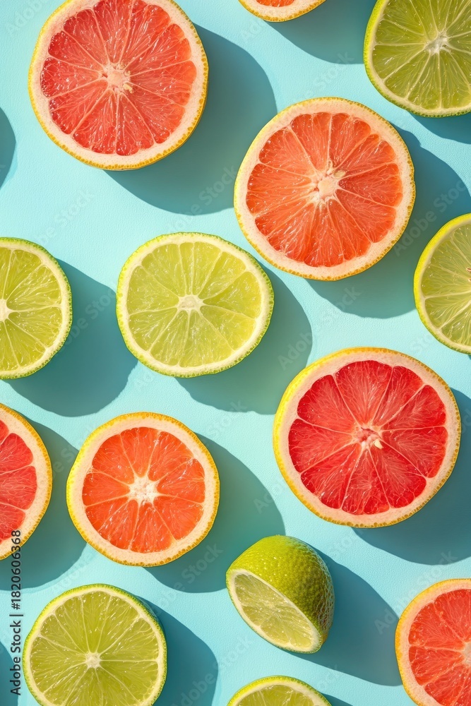 Obraz premium Citrus slices grapefruit, lime, on bright blue