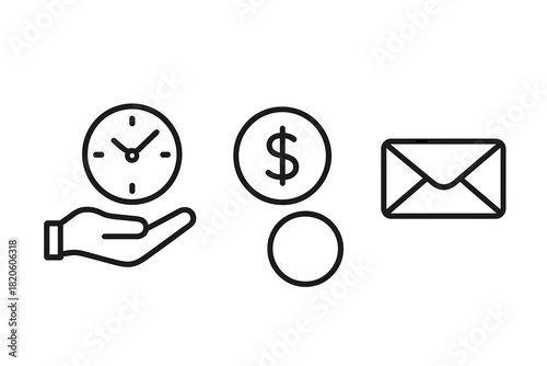 Business concepts for time management, financial transactions, and communication