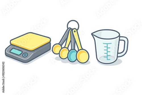 Essential kitchen measuring equipment including a digital scale, spoons, and cup