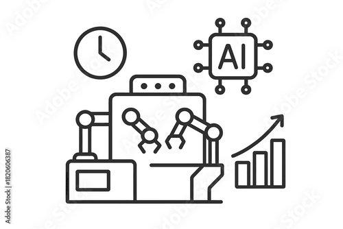 Smart factory automation process with robotic arms, chip, clock, and rising business graph