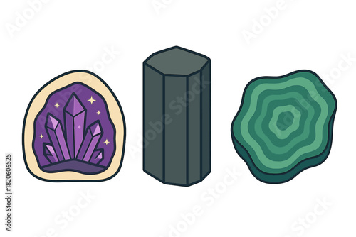 Stylized mineral formations set featuring amethyst geode, basalt column, and malachite slice