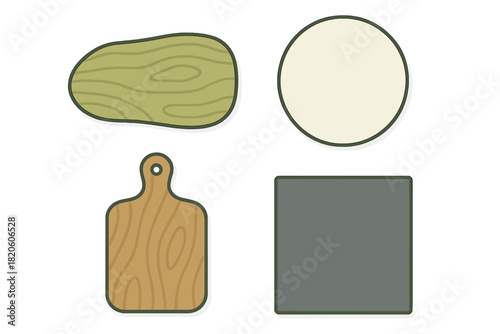 Collection of four different kitchen cutting boards and serving mats with various shapes and textures