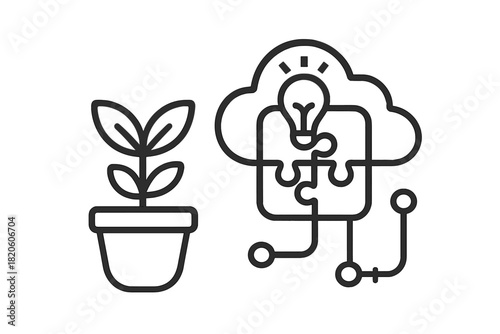 Technological growth and idea generation concept with plant, cloud, and puzzle elements