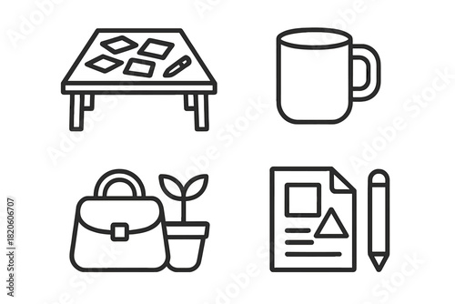 Minimalist line symbols representing desk, coffee cup, briefcase, and design document for business