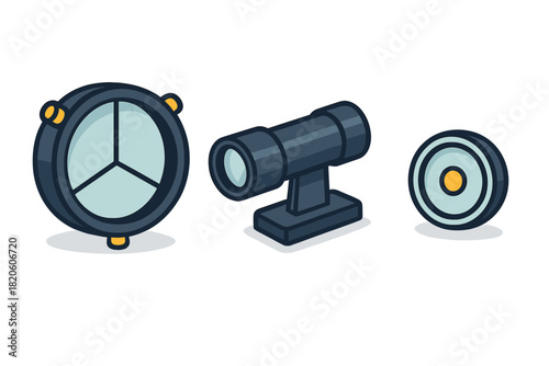 Stylized icons of scientific instruments, including a monocular, circular gauge, and optical target