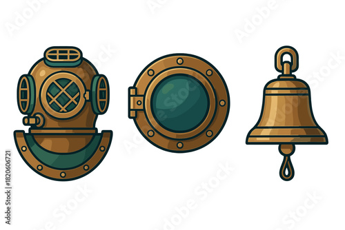 Antique brass diving helmet, ship porthole window, and classic nautical bell set