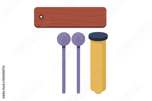 Set of brown wooden musical key and purple beaters for percussion instrument