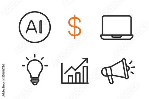 Modern outline symbols for technology, business strategy, financial growth, marketing, and creative ideas