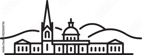 Outline of a city with a tall spire and mountains in the background in black color