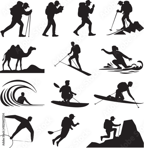 People engage in outdoor activities as hiking climbing skiing watersports traveling with camel