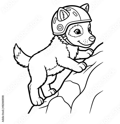 Playful puppy wearing a helmet climbs a rocky surface, showcasing determination and adventure in a fun coloring page illustration for childrens creativity and engagement
