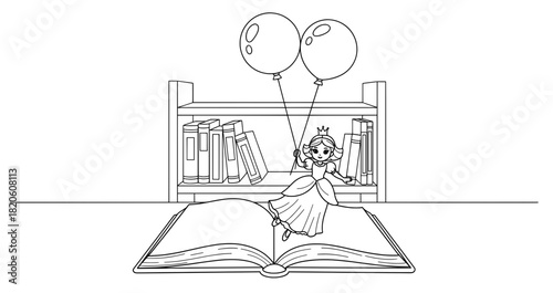 Illustration of a young girl in a dress holding balloons, sitting on an open book with a bookshelf filled with books in the background, perfect for coloring pages and creative activities