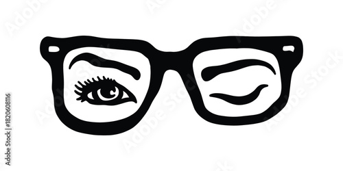 Winking Glasses Illustration. One Eye Open Vector Art. Quirky Eyeglasses Icon with Winking Eye