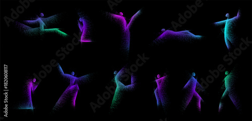Neon dancing woman graffiti. Aurora color ballet dancer jump and run. Athlete energy silhouette street art. Airbrush watercolor figure, paint splashes spray. Girl acrobatics clipart, ink drips shatter