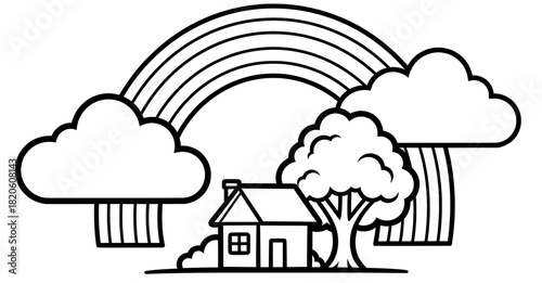 Coloring page featuring a cozy house surrounded by fluffy clouds, a large tree, and vibrant rainbows, perfect for creative expression and relaxation in artistic activities