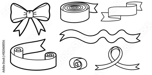 Collection of black and white ribbon designs including bows, scrolls, and wavy shapes, ideal for coloring pages and creative projects with copy space