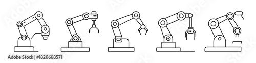 Robotic arm icon set, industrial automation technology concept
