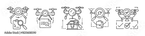 Drone inspection and verification services, modern line art icons.
