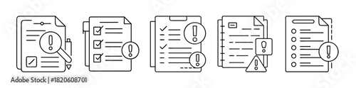 Document warning, error, and checklist review process line icon set