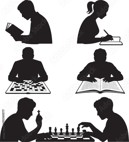 Person silhouette engaged in intellectual activities of reading writing and games