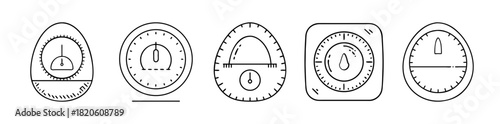 Various kitchen timer, egg timer, stopwatch, and timer line icons