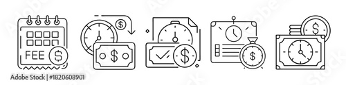 Cost management and time investment planning vector line icon set