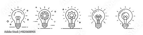 Line art glowing lightbulb icons for ideas, innovation and process