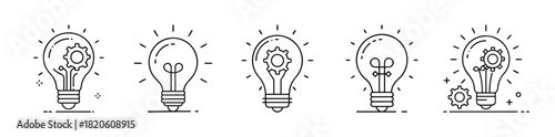 Innovation and idea process light bulb with gear line icons set