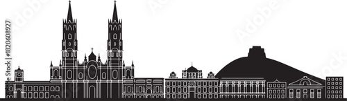 Puebla city skyline in mexico with catedral basilica de puebla and popocatepetl