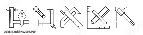Precision drafting and measurement tools line icons collection