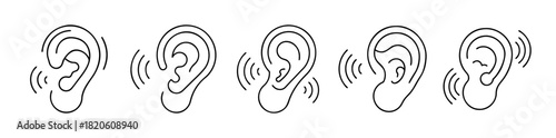 Line art icon set of human ears with sound waves for hearing