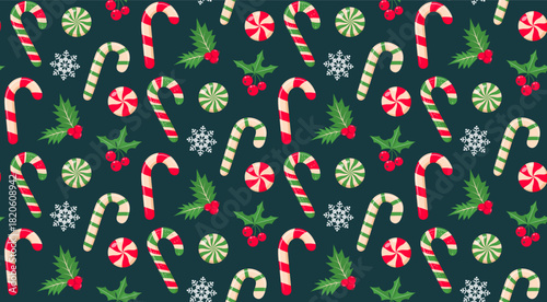 Seamless pattern with red and green candy canes, round swirl candies, and holly berries on a dark teal/green background. Includes white snowflakes