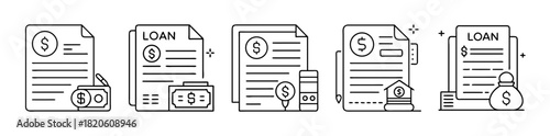 Financial loan documents and money management line art icon set
