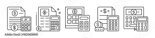 Financial reports, budget, and tax calculation line vector icons.