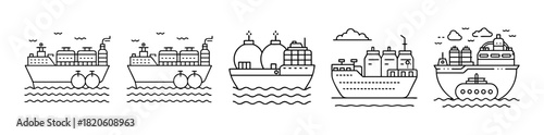 Shipping vessels and global cargo transport line art icons set