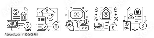 Financial transactions, real estate, and banking line icons set