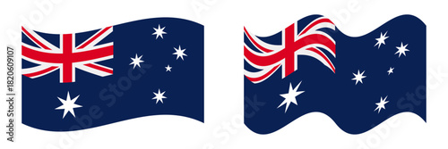 Vector set of the Australian national flag in two different waving styles, featuring the Union Jack, Commonwealth Star, and Southern Cross. Ideal for patriotic designs, education, and presentations.