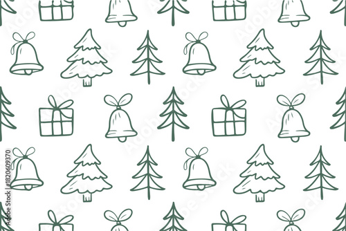 Christmas Doodle Background. Seamless Christmas Pattern with Hand-Drawn Trees, Bells, and Gifts. Holiday Doodle Pattern Featuring Christmas Trees and Gift Boxes. Festive Winter Pattern.