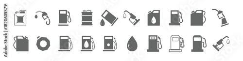 Gas station icon set. Gas tank symbol. Gas station icons or signs. Engine oil icon symbol. Containing fuel, refinery, petroleum, oil well, gas pump, offshore platform, Fuel signs collection. EPS 10.