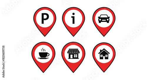 Red location pin icons vector set for map navigation and markers
