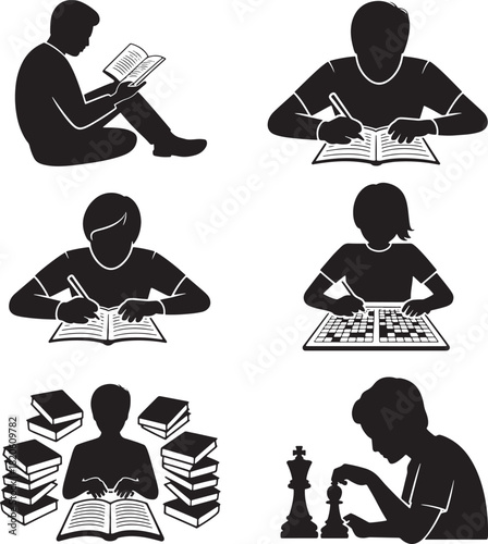 Set of studying people silhouettes reading, writing, learning, and playing chess vector